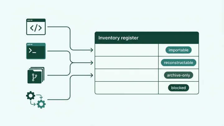 Coding agent migration readiness: four AI coding tool sources feed one inventory register, classified importable, reconstructable, archive-only or blocked