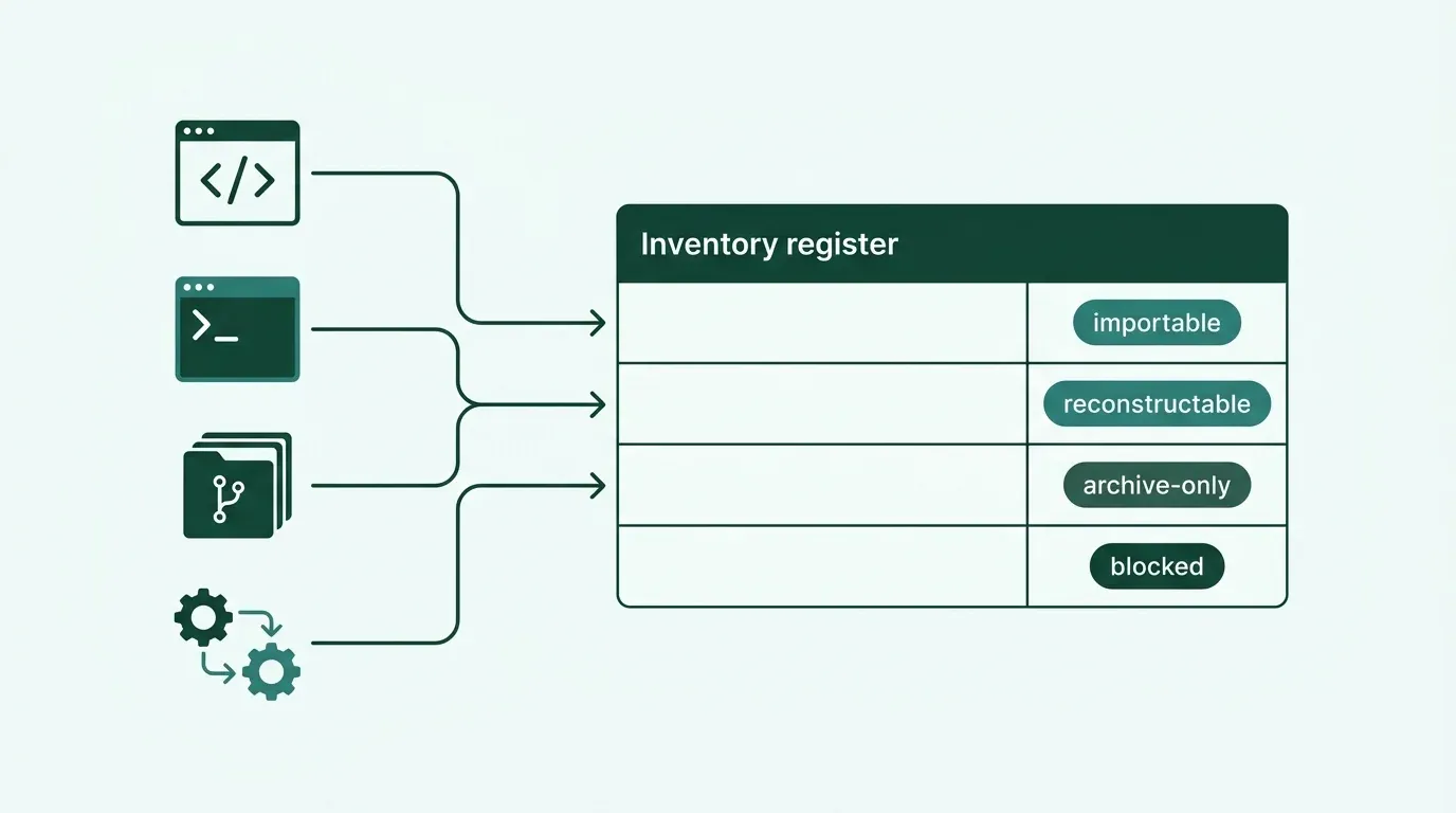 Coding agent migration readiness: four AI coding tool sources feed one inventory register, classified importable, reconstructable, archive-only or blocked