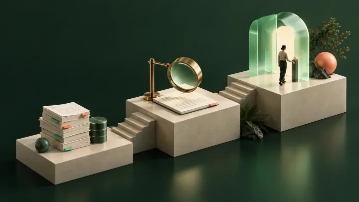 Conceptual illustration of evidence documents moving through checkpoints toward an enterprise AI pilot