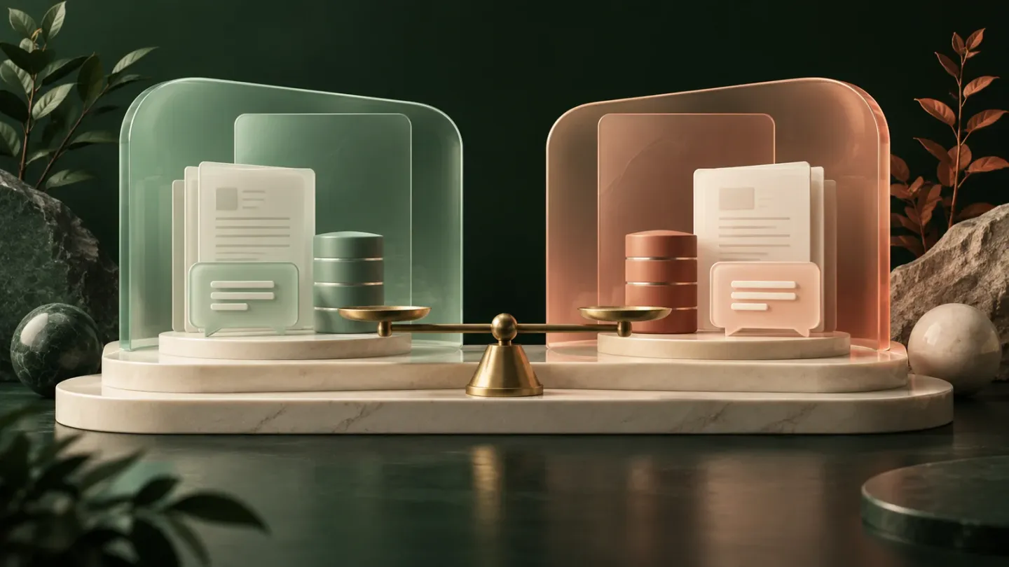 Two separate AI workspaces containing documents, conversations and data, balanced against one another