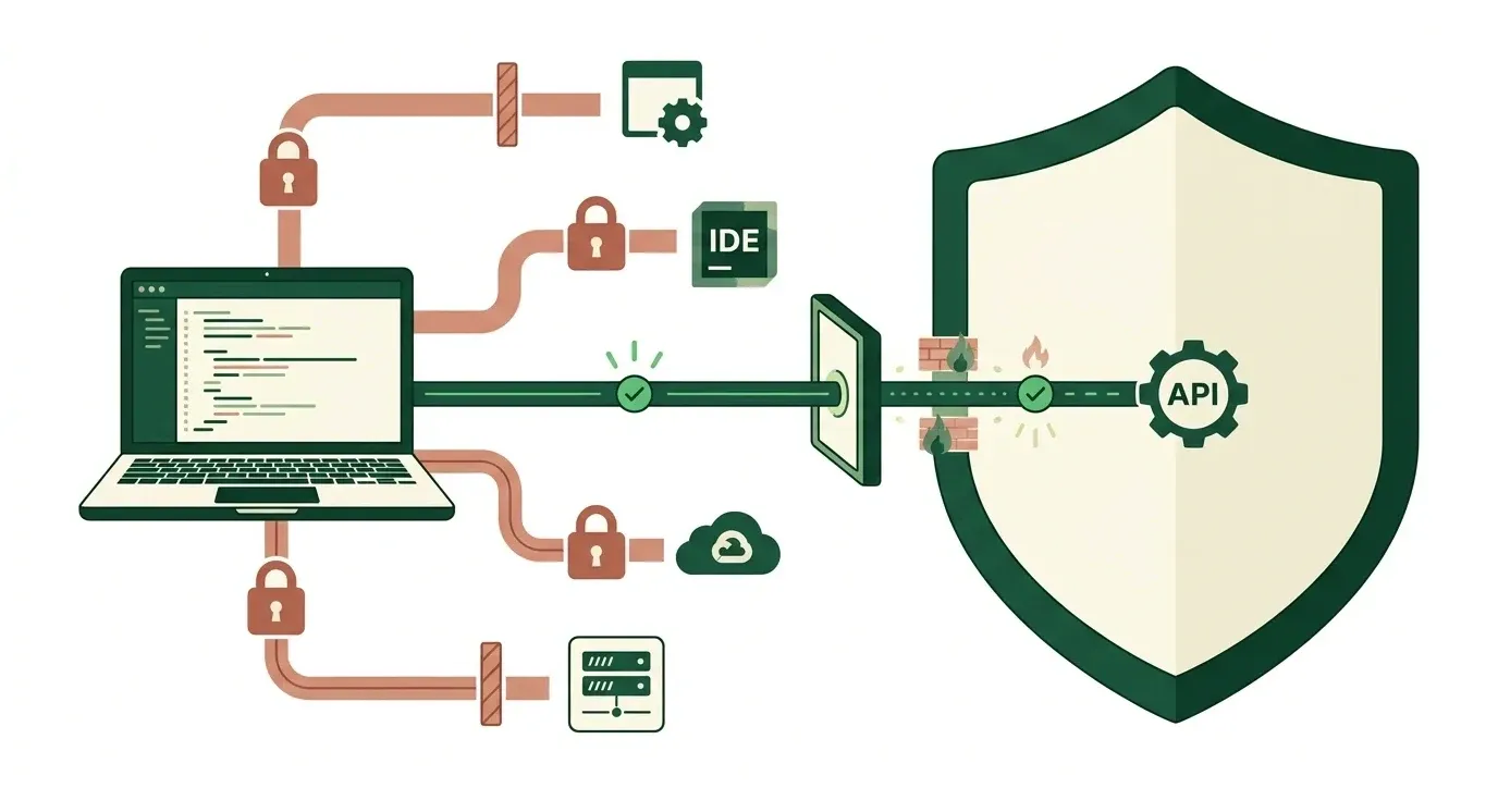Illustration of a developer laptop with one secured path through a policy gate into a shield-shaped compliance boundary, while IDE, cloud and server paths are blocked by locks