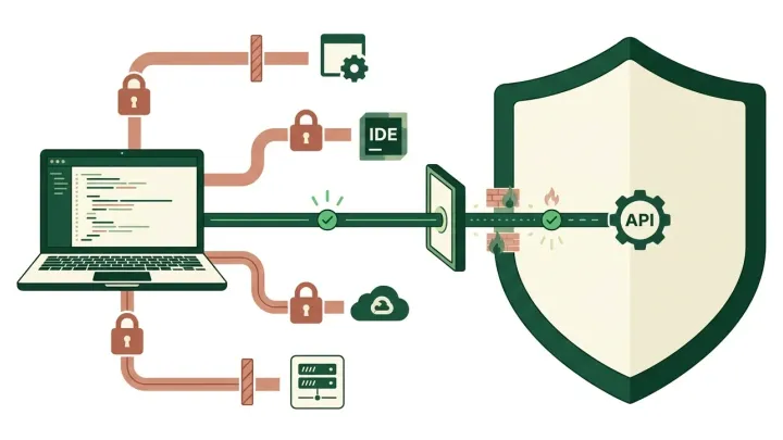 Illustration of a developer laptop with one secured path through a policy gate into a shield-shaped compliance boundary, while IDE, cloud and server paths are blocked by locks