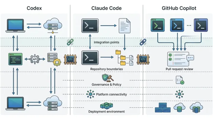 Enterprise comparison of Codex, Claude Code, and GitHub Copilot coding-agent workflows