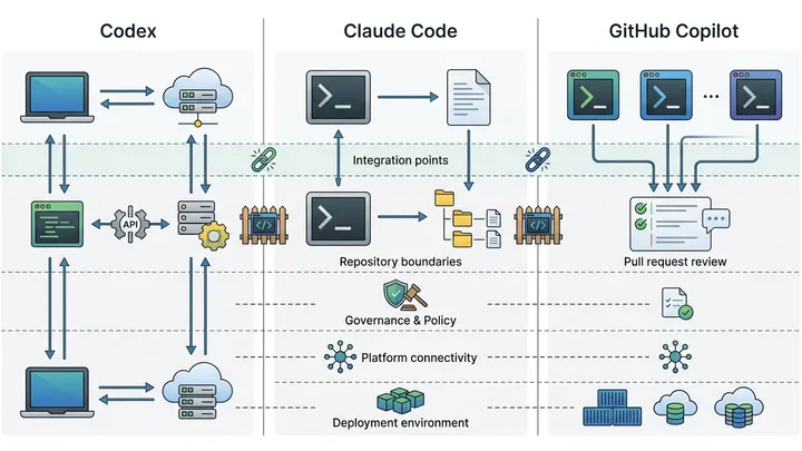 Enterprise comparison of Codex, Claude Code, and GitHub Copilot coding-agent workflows