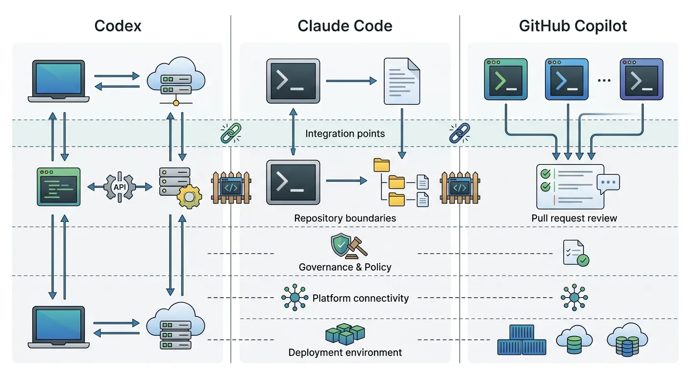 Enterprise comparison of Codex, Claude Code, and GitHub Copilot coding-agent workflows