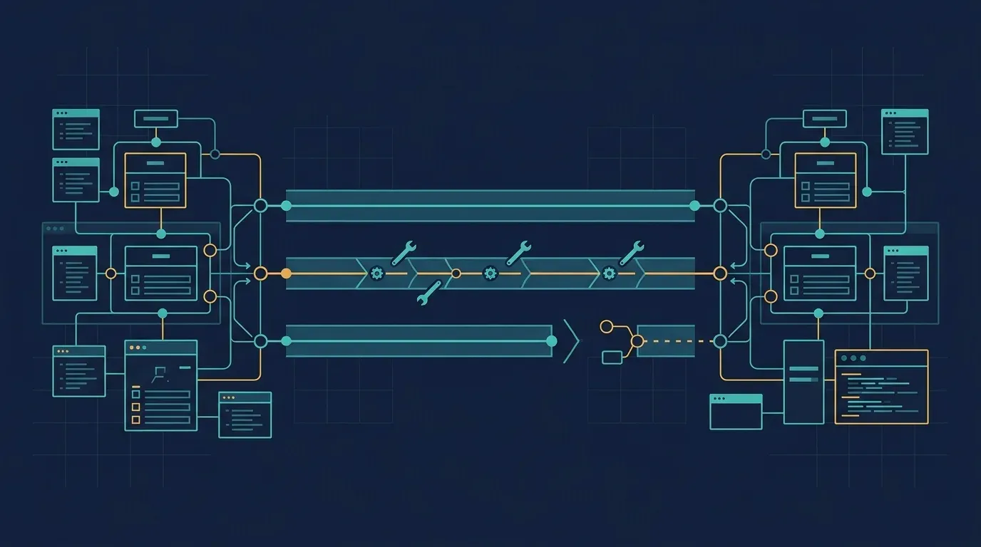 Schematic of two developer toolchains joined by a bridge of three lanes: one lane connects cleanly, one is marked for rebuilding with wrench and gear icons, and one ends in a gap