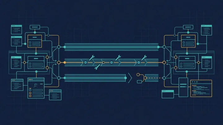 Schematic of two developer toolchains joined by a bridge of three lanes: one lane connects cleanly, one is marked for rebuilding with wrench and gear icons, and one ends in a gap