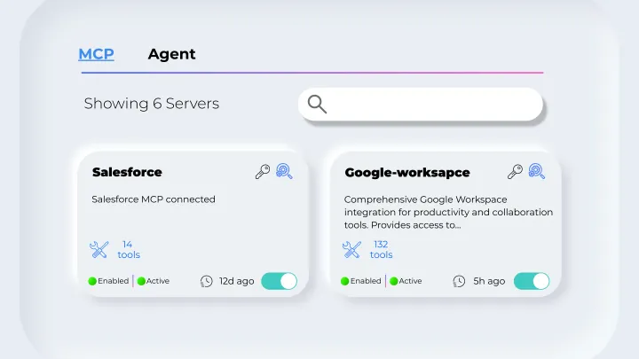 Jarvis product illustration showing registered Salesforce and Google Workspace MCP tools