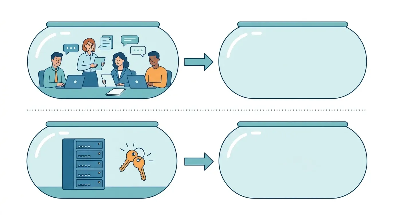 Illustration of two separate migration lanes: office employees with laptops, documents and chat bubbles in one container, and a server rack with keys in another, each with its own arrow to a separate destination