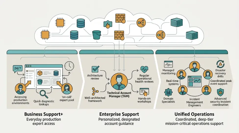 Illustration comparing features of AWS Business Support+, Enterprise Support and Unified Operations.