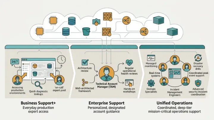 Illustration comparing features of AWS Business Support+, Enterprise Support and Unified Operations.