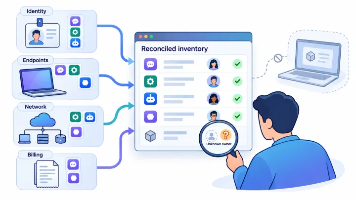 An analyst reconciles identity, endpoint, network and billing observations into an AI inventory with owners and an unresolved entry