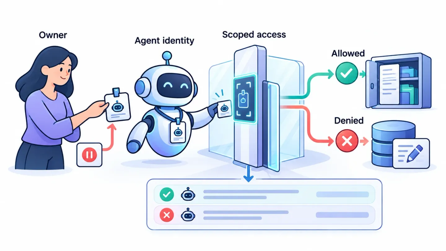 A human owner issues an agent identity badge, a checkpoint allows document access and denies a database edit, and an audit ledger records both decisions