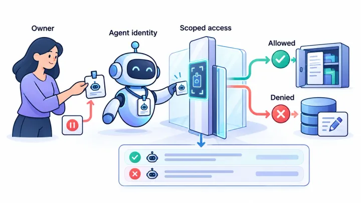 A human owner issues an agent identity badge, a checkpoint allows document access and denies a database edit, and an audit ledger records both decisions