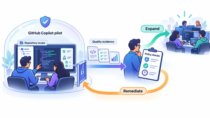 Developers run a bounded GitHub Copilot pilot and send quality evidence to a reviewer who chooses expansion or remediation