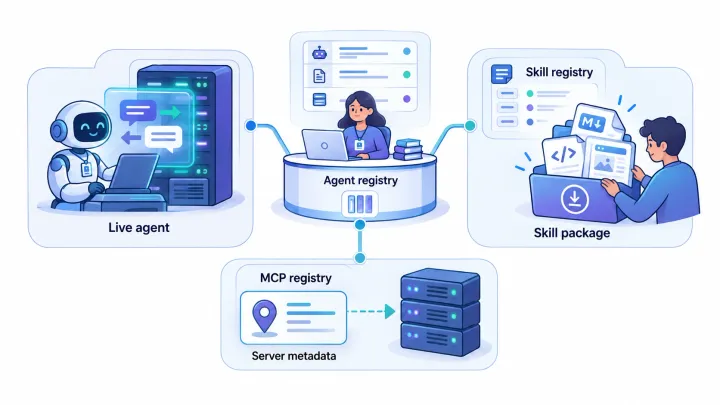 A catalog links a running agent service, a downloadable skill package and MCP metadata pointing to a separate server