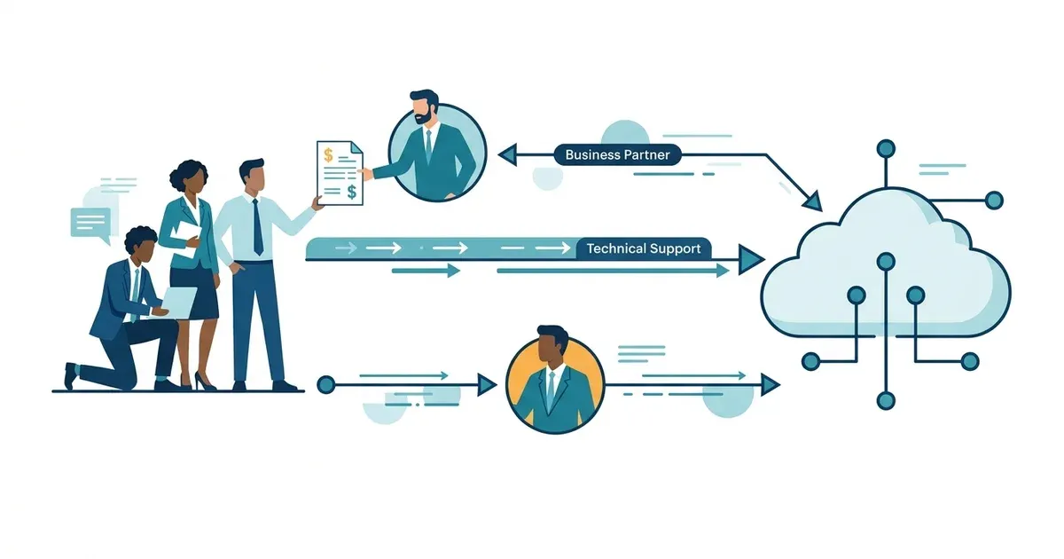 Illustration of a customer team connected to a cloud environment by two paths: in one a partner hands over an invoice while the team keeps a direct technical support line to the cloud, in the other a partner sits between the team and the cloud.