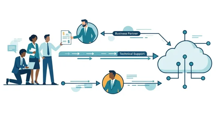 Illustration of a customer team connected to a cloud environment by two paths: in one a partner hands over an invoice while the team keeps a direct technical support line to the cloud, in the other a partner sits between the team and the cloud.