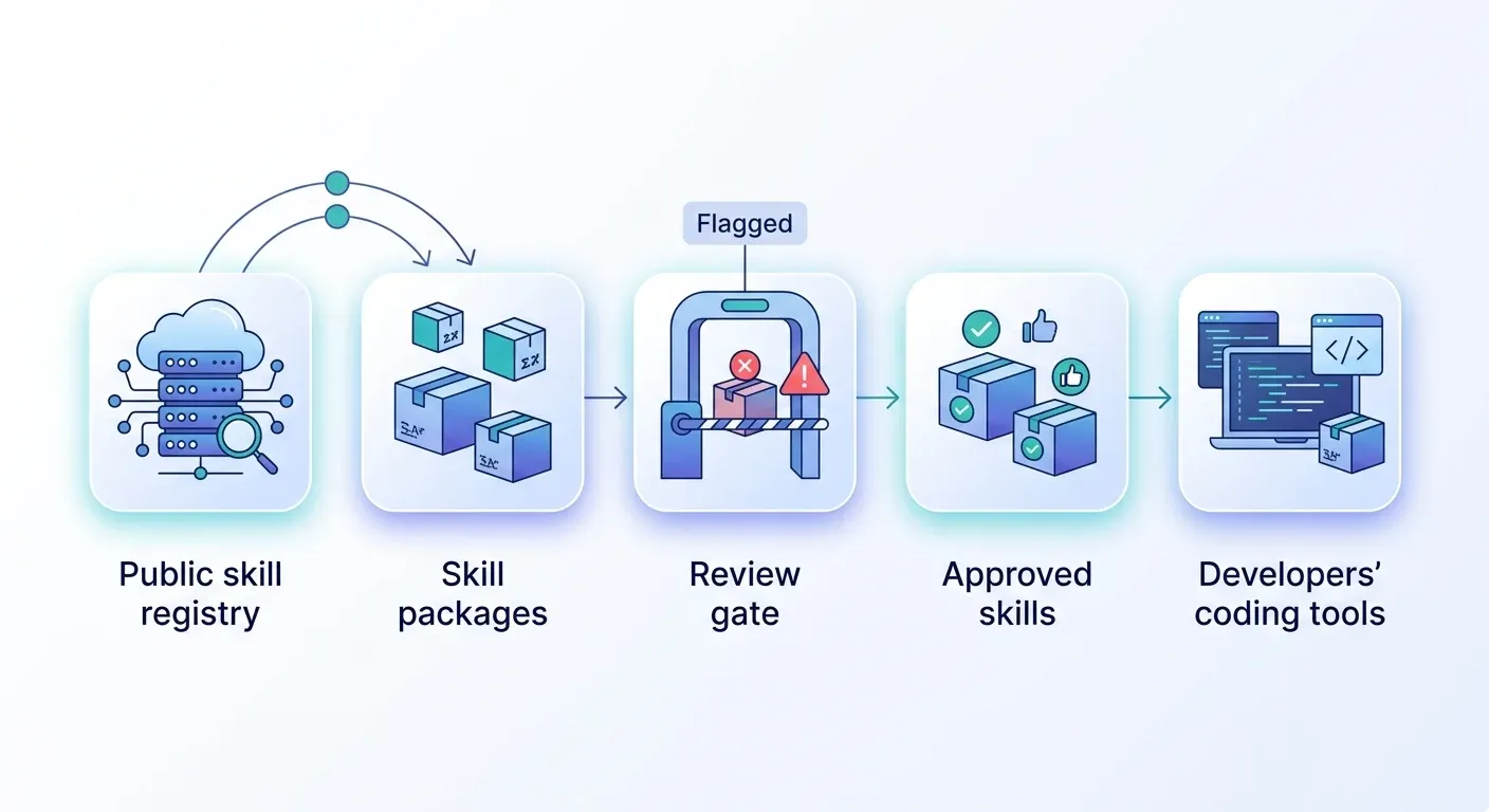 Skill packages from a public registry passing through a review gate before reaching developers' coding tools, with one flagged package stopped at the gate.