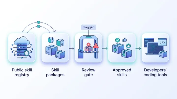 Skill packages from a public registry passing through a review gate before reaching developers' coding tools, with one flagged package stopped at the gate.