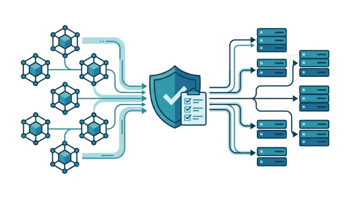 Illustration of AI agents connecting through a single governance gateway, marked with a shield and checklist, to a set of MCP servers