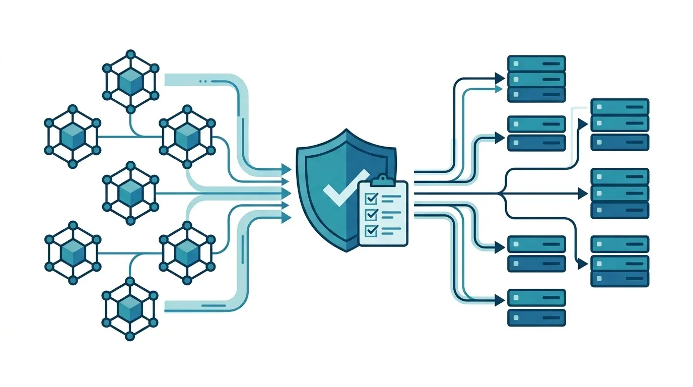 Illustration of AI agents connecting through a single governance gateway, marked with a shield and checklist, to a set of MCP servers