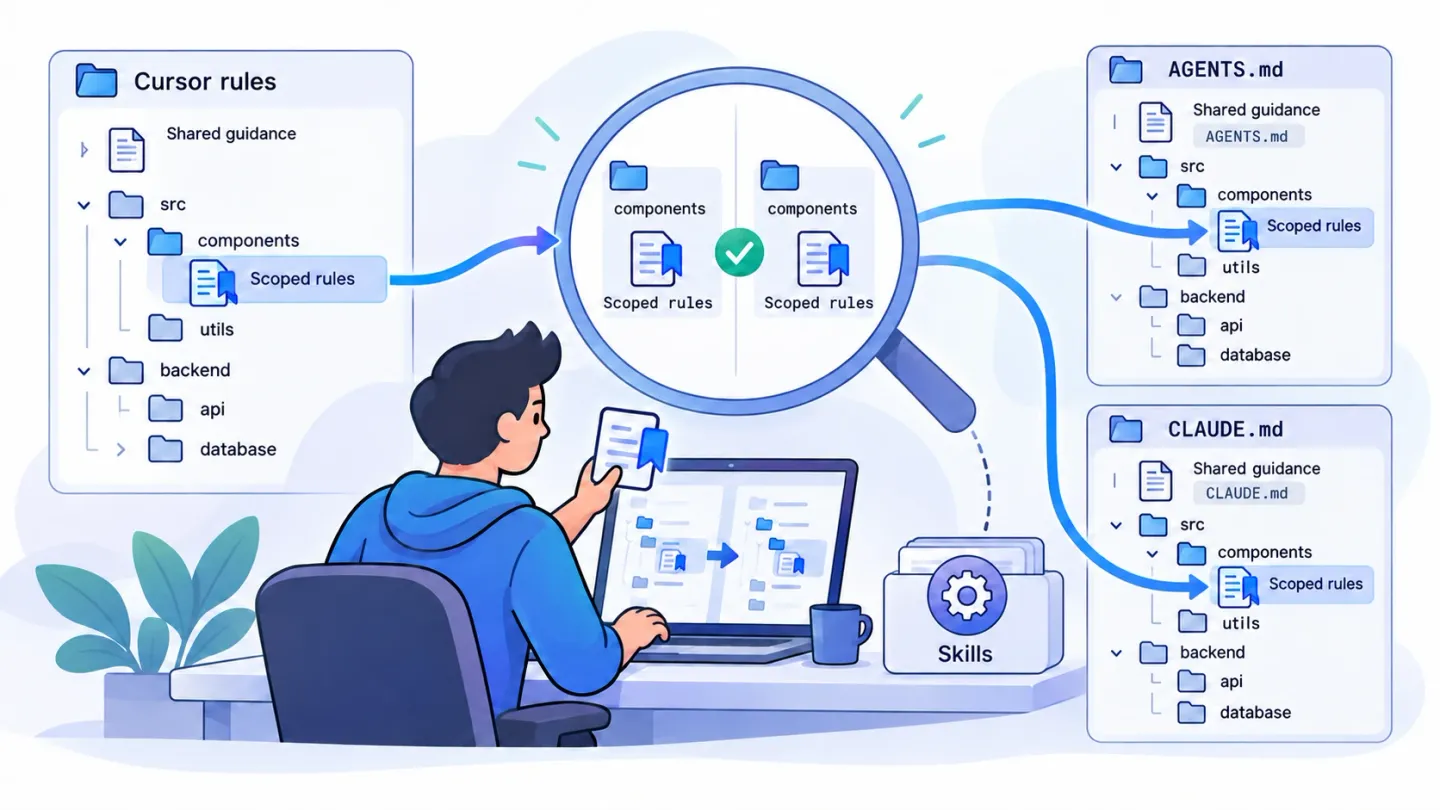 An engineer maps a component-scoped Cursor rule into repository guidance while keeping backend folders outside its scope