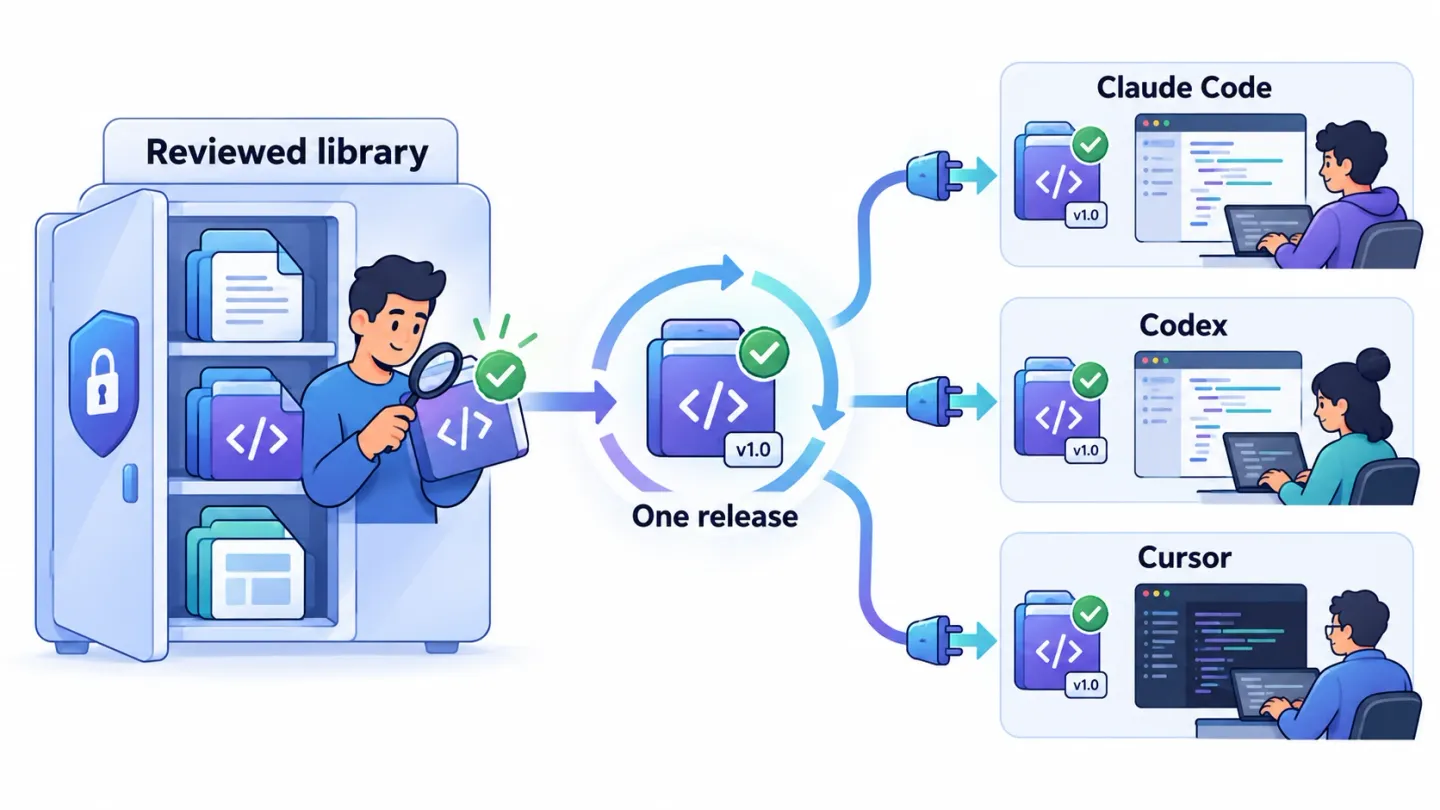 A maintainer reviews one skill release and distributes matching packages through adapters to Claude Code, Codex and Cursor developers