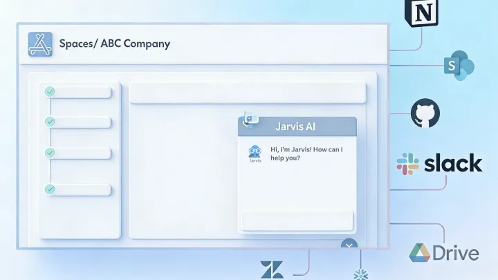 Jarvis product illustration showing an embedded chat interface alongside connected workplace services