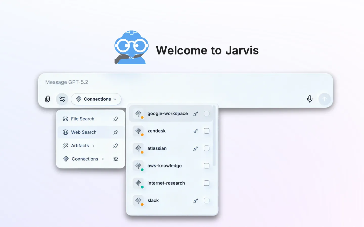 Jarvis Chat product illustration showing file search and the connected-source selection menu