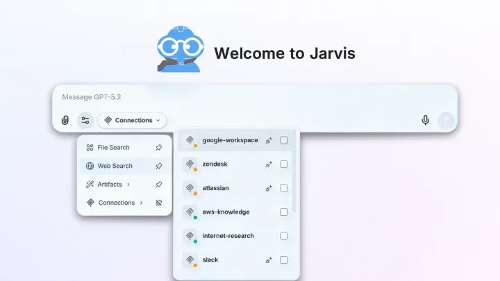 Jarvis Chat product illustration showing file search and the connected-source selection menu
