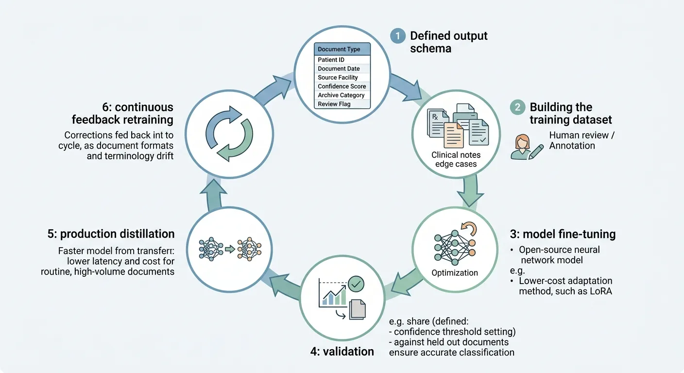 A six-step circular workflow diagram depicting the sequence from schema definition and training data preparation to fine-tuning, validation, production distillation, and continuous feedback retraining.