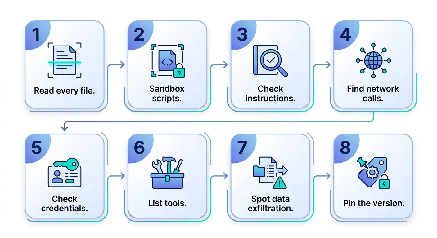 Eight-step checklist for vetting an agent skill: read every file, sandbox scripts, check instructions, find network calls, check credentials, list tools, spot data exfiltration, pin the version.